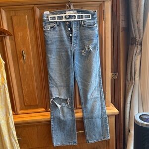 MOTHER Light Blue Distressed Straight Leg Jeans